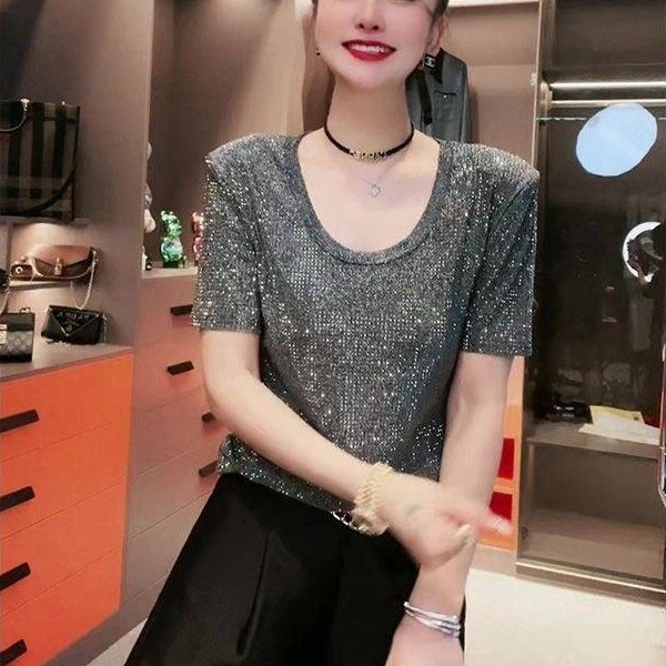 春夏新款重工大码装短袖T恤亮钻修身显瘦胖妹妹圆领短袖烫钻上衣