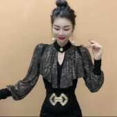 撞色亮片拼接打底衫 上衣 女士重工百搭半高领设计感创意洋气长袖