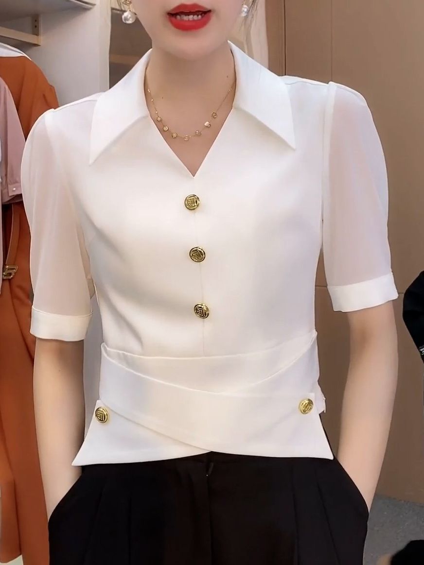 时尚简约Polo领短袖衬衫女2024夏季新款高档气质显瘦休闲百搭衬衣