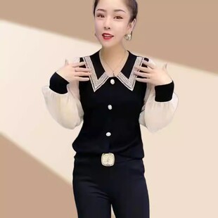 爆款春秋季减龄娃娃领长袖衬衫女士宽松遮肉显瘦洋气百搭拼色上衣