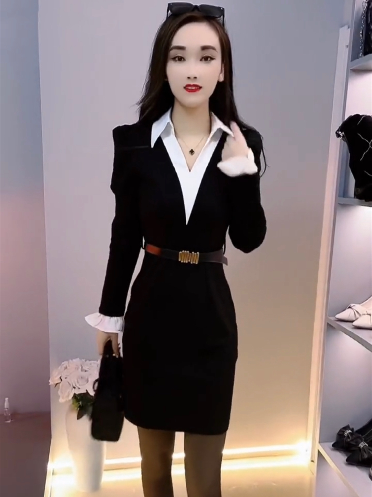 网红爆款时尚连衣裙女2026春季新款性感白色衬衫拼接显瘦小黑裙潮