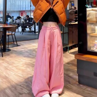 2026秋冬款多巴胺风高腰阔腿裤女直筒夹棉束脚花苞裤小个子休闲裤