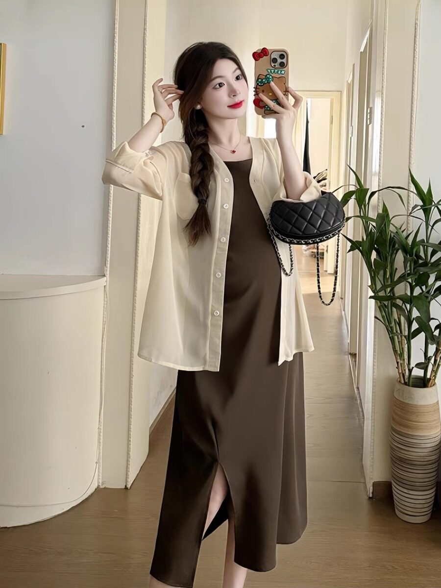 PREGNANT MOTHERS WEAR ? PREGNANT WOMEN SPRING AND SUMMER CLOTHES 2024 NEW SLIT SUSPENDER DRESS SUNSCREEN SHIRT TWO-PIECE SUIT
