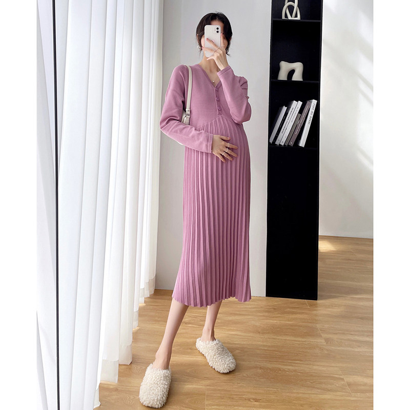 PREGNANT WOMENS DRESSES AUTUMN FASHION TRENDS MOM KNITTING THIN COVERING THE BELLY FOREIGN STYLE OVER-THE-KNEE PLEATS AUTUMN AND WINTER BOTTOMING LONG SKIRTS WOMEN