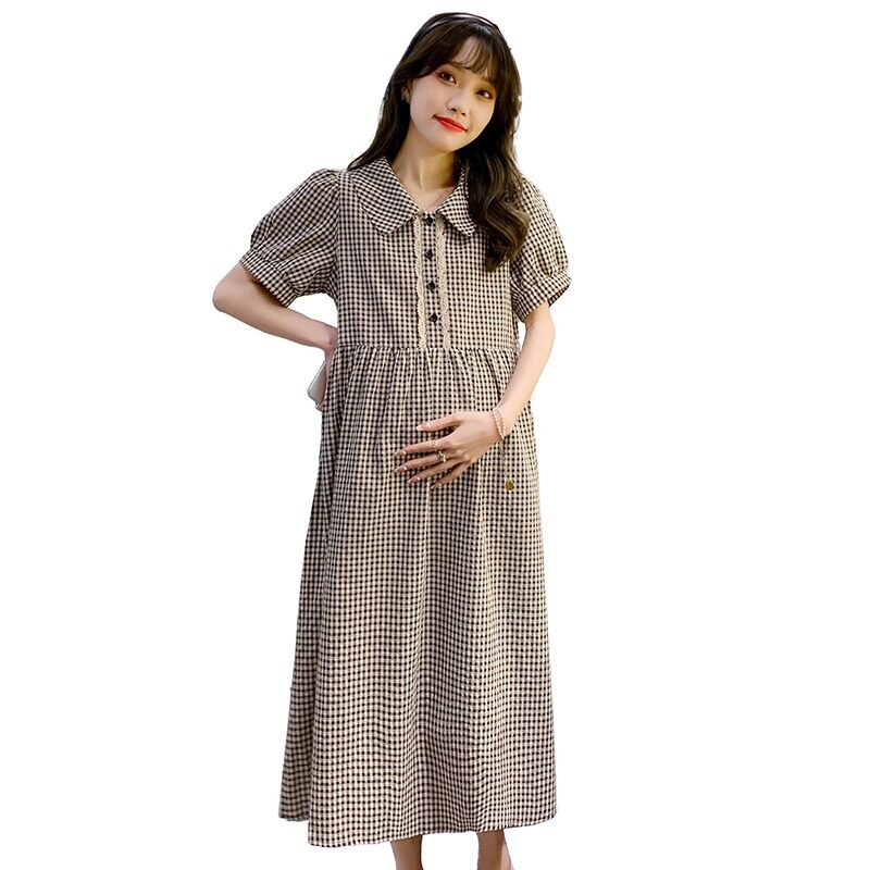 MATERNITY DRESS SUMMER STYLE LOOSE FASHION NEW SHORT SLEEVE WOMENS CASUAL PLAID LONG SKIRT DOLL COLLAR MATERNITY DRESS SUMMER STYLE