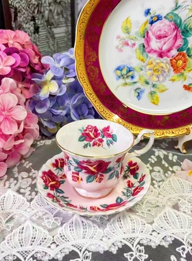 西洋古董albert 粉釉内外红色玫瑰花束 骨瓷咖啡杯碟 现货