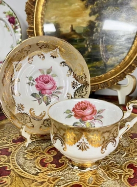 西洋古董 Paragon 多彩釉手绘签名玫瑰antique rose咖啡杯 现货