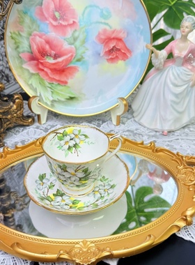 西洋古董 albert 白色山茱萸 立座鎏金骨瓷咖啡杯碟 现货