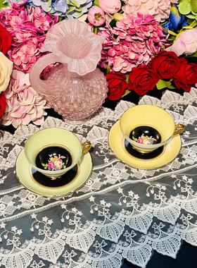 西洋古董 stanley 黑釉玫瑰花束鎏金阔口骨瓷咖啡杯碟 现货