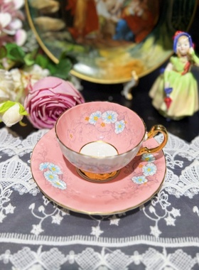 西洋古董 aynsley 粉釉全手绘白色花卉阔口鎏金骨瓷咖啡杯碟 现货