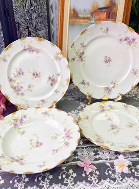 西洋古董 limoges 利摩日 22K金全手绘紫色花卉浮雕杯碟套件现货