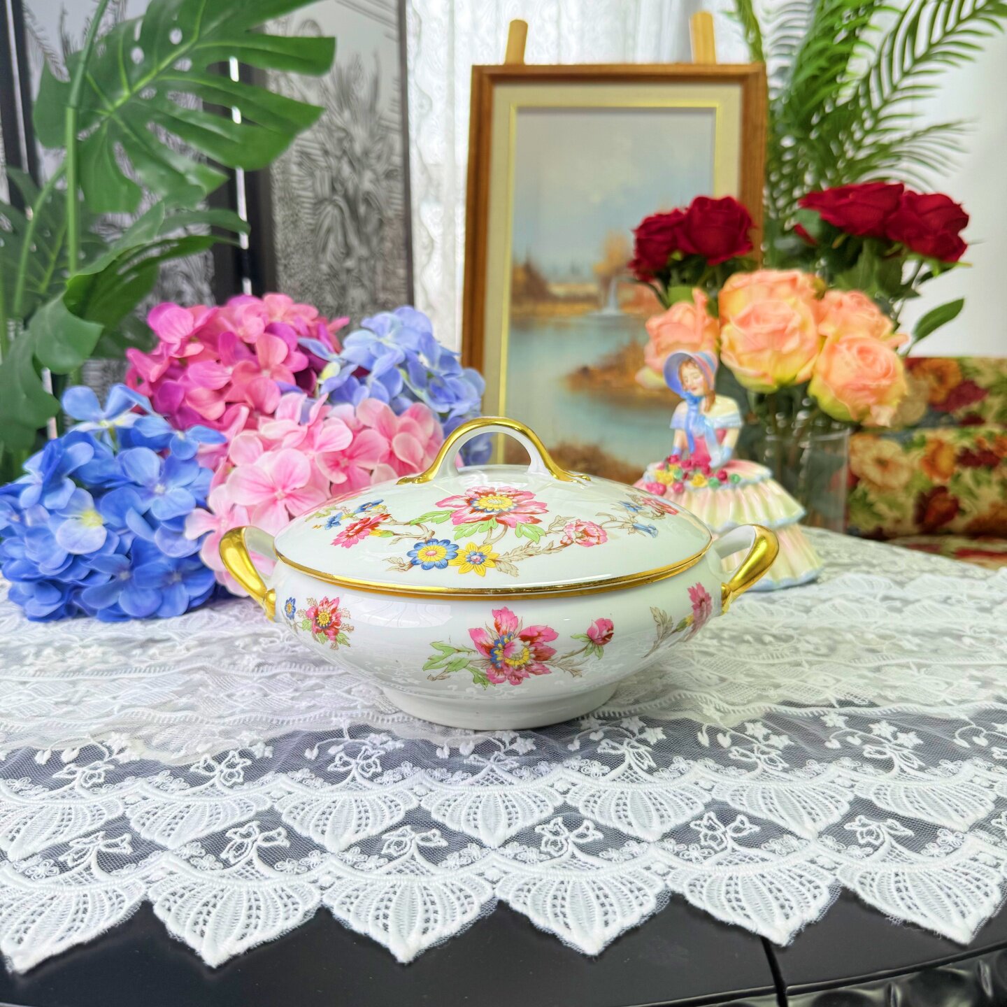 西洋古董 limoges 利摩日半手绘彩色花卉 鎏金双耳带盖汤锅 现货