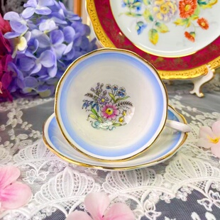 西洋古董 Albert 渐变杯中花手绘阔口 鎏金骨瓷咖啡杯碟 现货