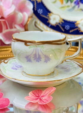 西洋古董 奥地利 全手绘紫色花卉 鎏金骨瓷摩卡咖啡杯碟 现货