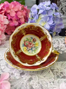 西洋古董 paragon金斯顿系列红色釉金羽毛玫瑰花园杯碟微瑕现货