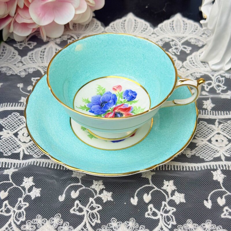 西洋古董 paragon双狮绿釉大理石纹杯底银雪莲花阔口鎏金杯碟现货