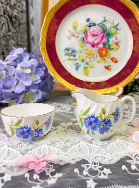 西洋古董 adderley蓝色花束扭纹骨瓷糖奶罐 现货