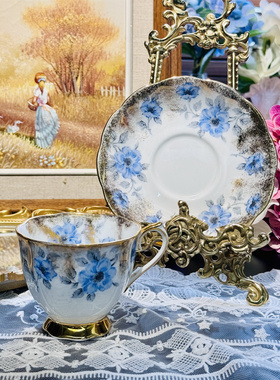 西洋古董 royal albert 重金蓝色花卉立座骨瓷咖啡杯碟 现货