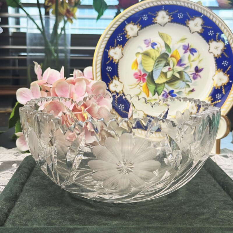 西洋古董 法国产 重工机切 烛刻工艺 透亮水晶水果盆 现货