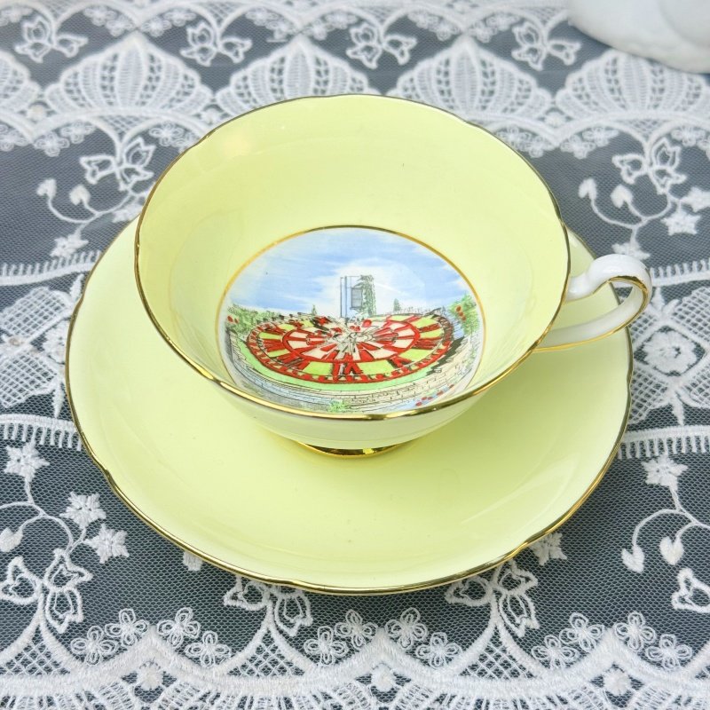 西洋古董 grafton 彩色釉全手绘城市风景阔口鎏金骨瓷杯碟 现货