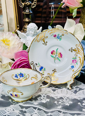 西洋古董 皇家切尔西 手绘金羽毛彩色花卉鎏金骨瓷咖啡杯碟 现货