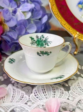 西洋古董 va 葡萄牙产1930年手绘绿色花卉迷你号硬瓷咖啡碟 现货