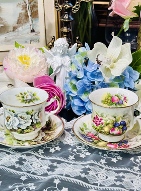 西洋古董 paragon 全手绘花卉水果微浮雕鎏金骨瓷咖啡杯碟 现货