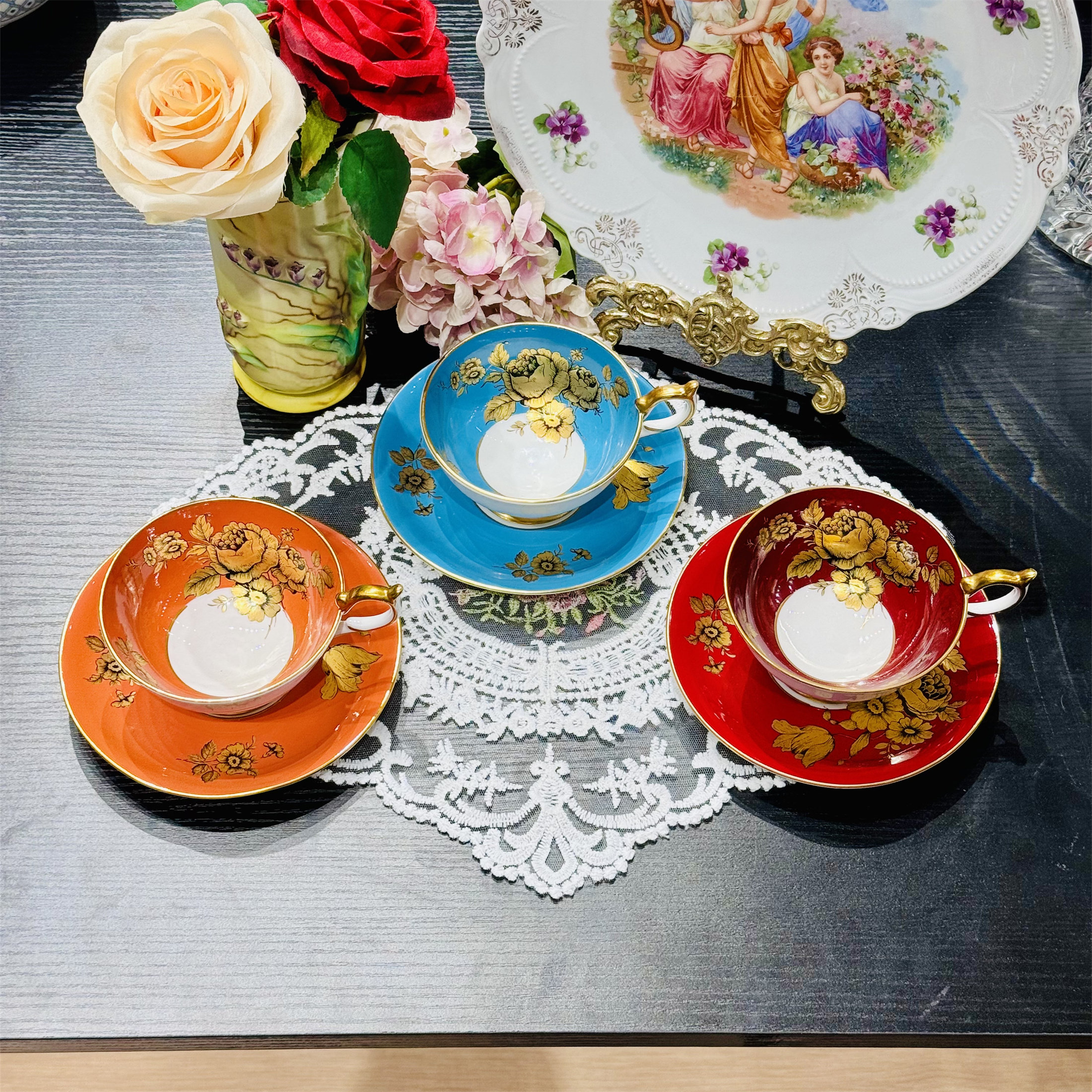 西洋古董 aynsley 24k金色大玫瑰金边阔口骨瓷咖啡杯 现货