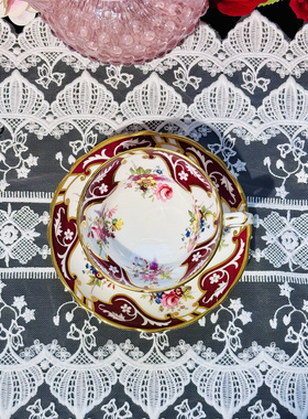 西洋古董 hammersley 全手绘钴红开窗花卉立座骨瓷咖啡杯碟 现货