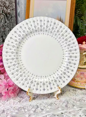 西洋古董 paragon 黑色小花万花筒 鎏银骨瓷餐盘 平盘 现货 27cm