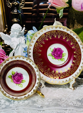 西洋古董 albert picardy rose 钴红大玫瑰鎏金骨瓷咖啡杯碟 现货