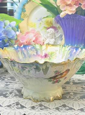 西洋古董 德瓷 珠光釉 全手绘彩色花卉和鸟鎏金沙拉盆 大钵 现货