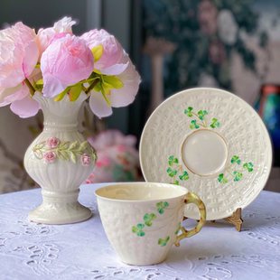西洋古董 爱尔兰guo宝伯利克编织纹图案骨瓷咖啡杯碟现货 belleek