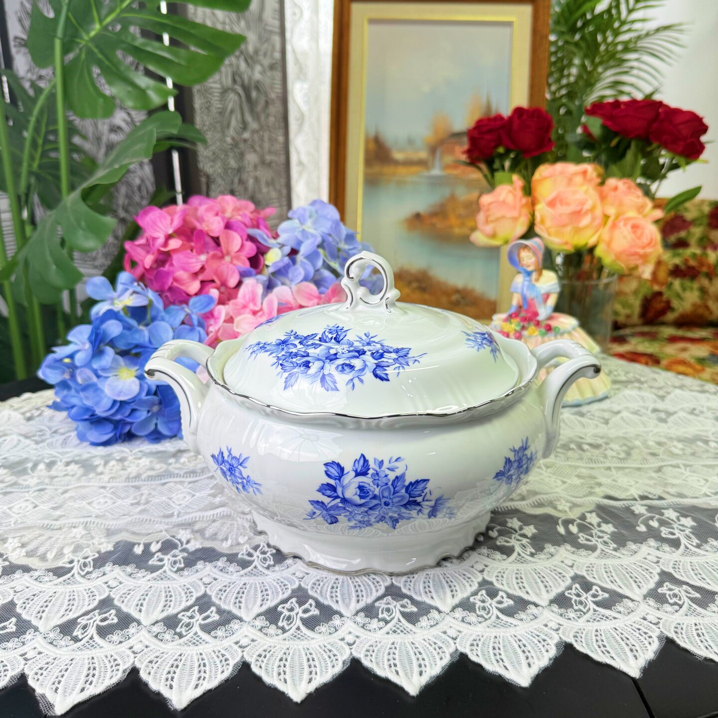 西洋古董 nagoya Shokai昭和时期日产 青花带盖鎏银双耳汤锅 现货