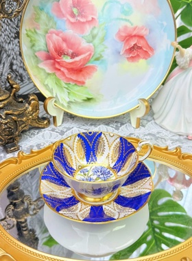 西洋古董 paragon 钴蓝万花筒蓝色花卉阔口鎏金骨瓷咖啡杯碟 现货
