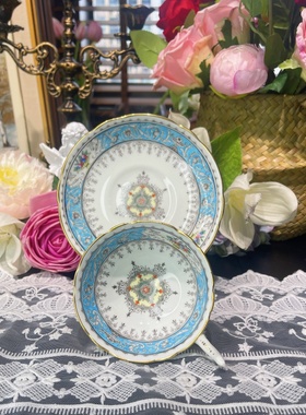 西洋古董coalport 1960s蓝釉珐琅彩手绘开窗花卉阔口骨瓷杯碟现货