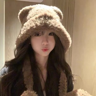 冬季加厚毛茸茸熊耳朵帽子韩版可爱毛绒帽卡通护耳针织帽系带保暖