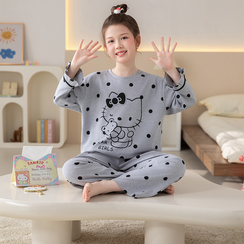 春秋季纯棉长袖儿童睡衣ins卡通kitty猫女童中大童可爱家居服套装
