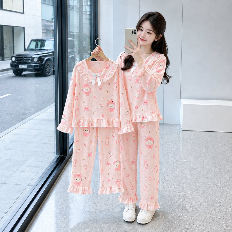春秋季卡通kitty猫纯棉儿童睡衣公主风中大童女童长袖家居服套装