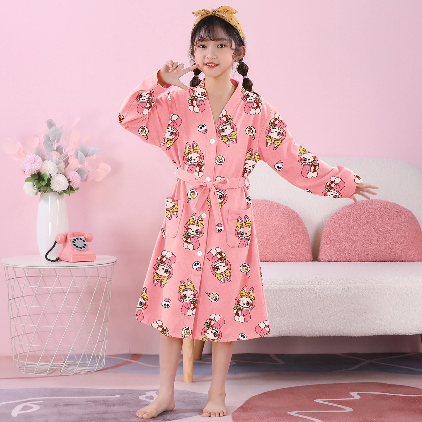 纯棉儿童浴袍睡衣女春秋季ins卡通动漫青少年大童女孩睡袍家居服