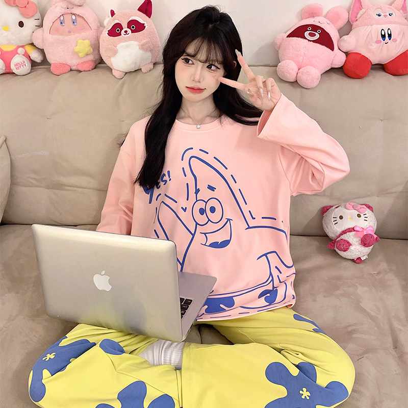 春秋季纯棉大码女士睡衣少女学生ins原创卡通派大星家居服套装