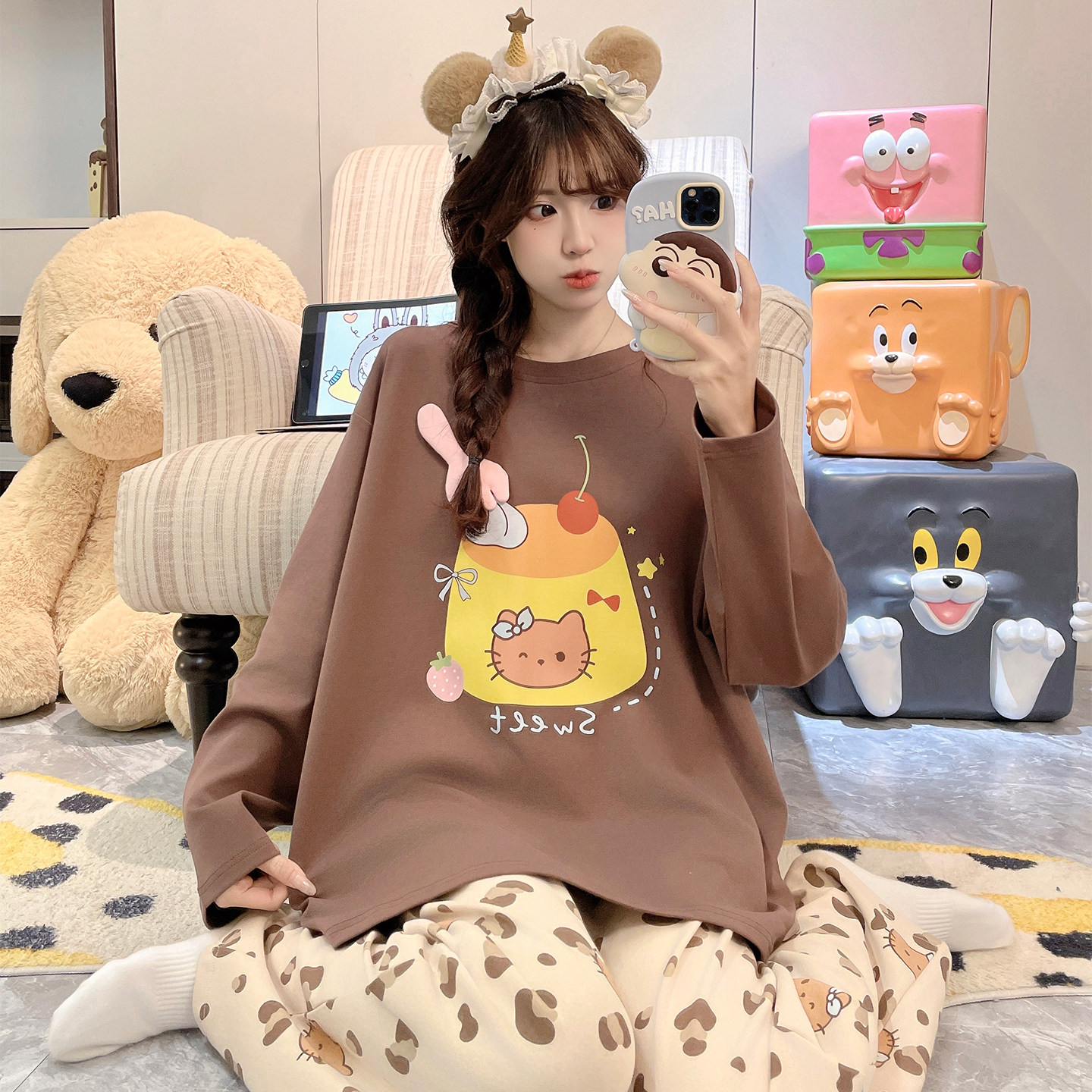 春秋季纯棉长袖长裤睡衣女ins卡通kitty猫少女学生大码家居服套装