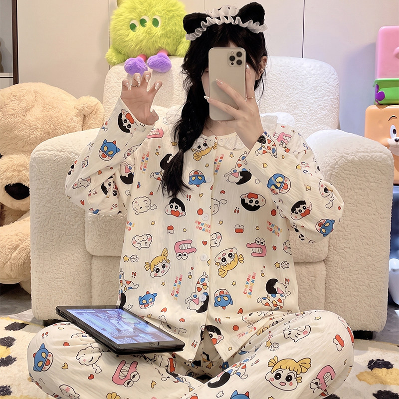 睡衣女春秋季ins卡通蜡笔小新少女学生纯棉开衫家居服套装可外穿