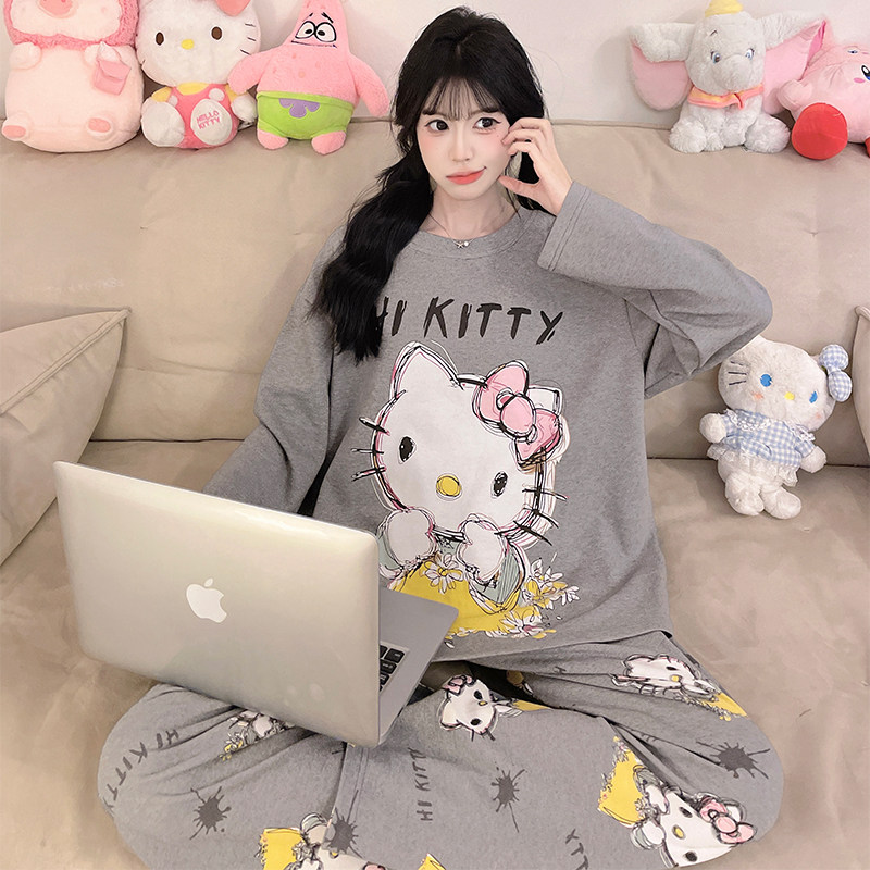 kitty猫睡衣女春秋季ins原创卡通少女学生纯棉大码女士家居服套装