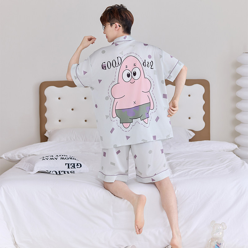 夏季凉感薄款冰丝派大星男士睡衣ins卡通青少年高级感家居服套装