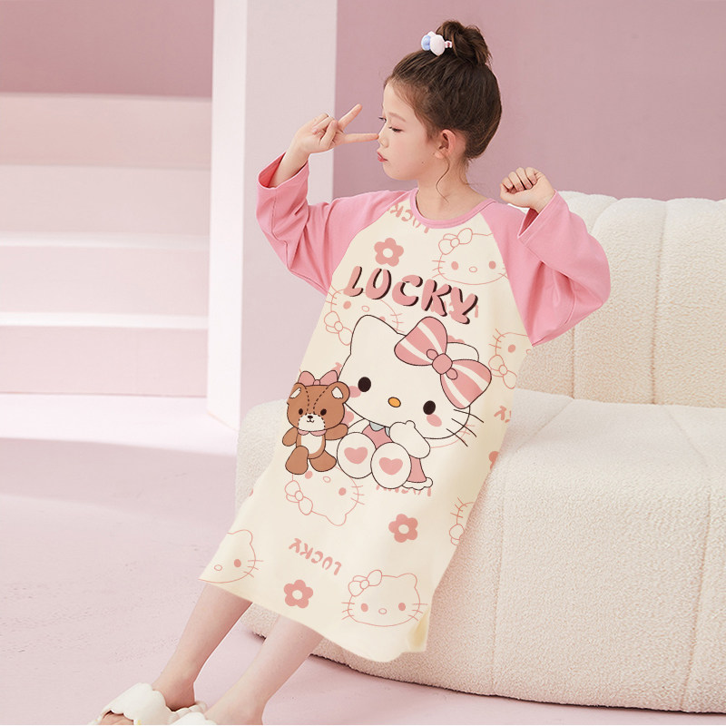 儿童纯棉睡裙女春秋季ins卡通kitty猫女童中大童长袖睡衣家居服