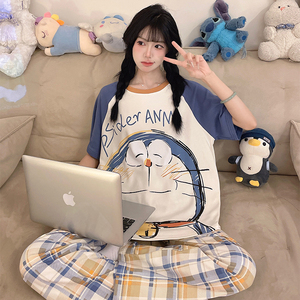 睡衣女夏季ins卡通哆啦A梦少女学生大码纯棉短袖长裤家居服套装