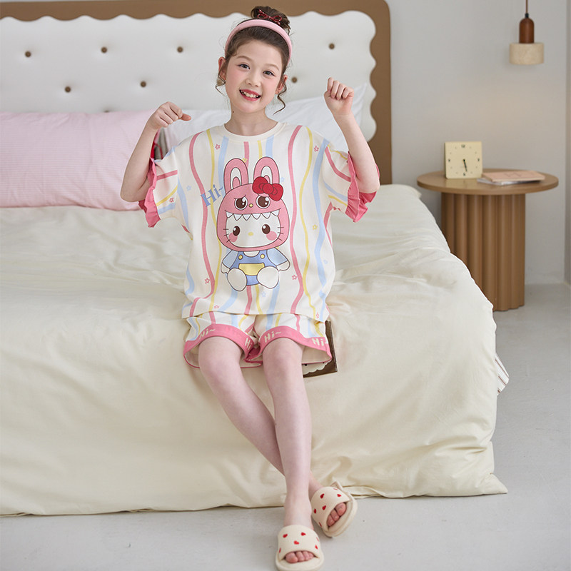 夏季儿童纯棉短袖ins卡通kitty猫睡衣女童中大童薄款家居服套装