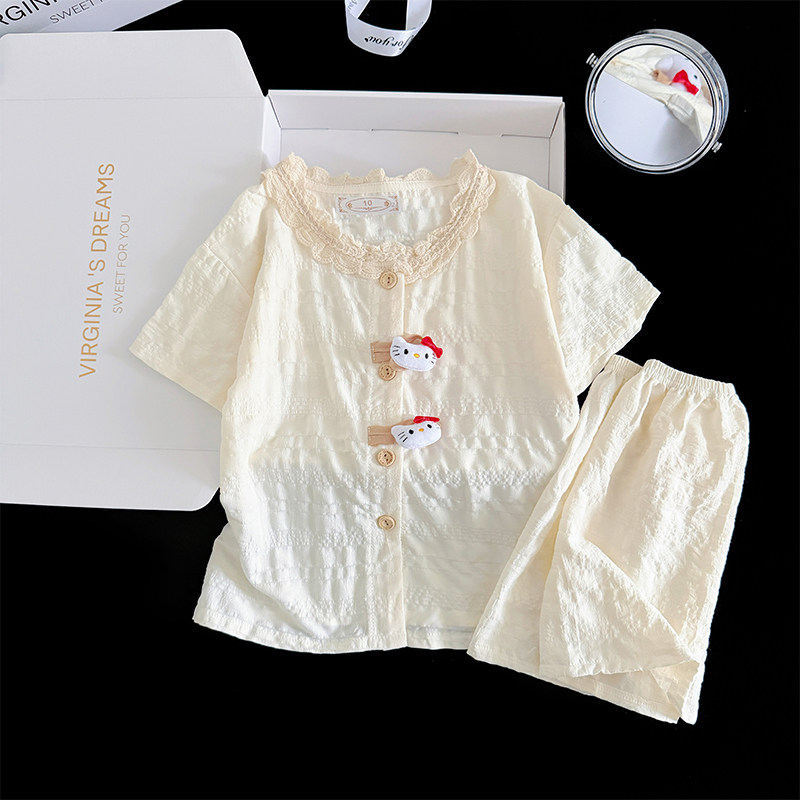 kitty猫儿童睡衣女夏季卡通中大童女童薄款纯棉短袖家居服套装