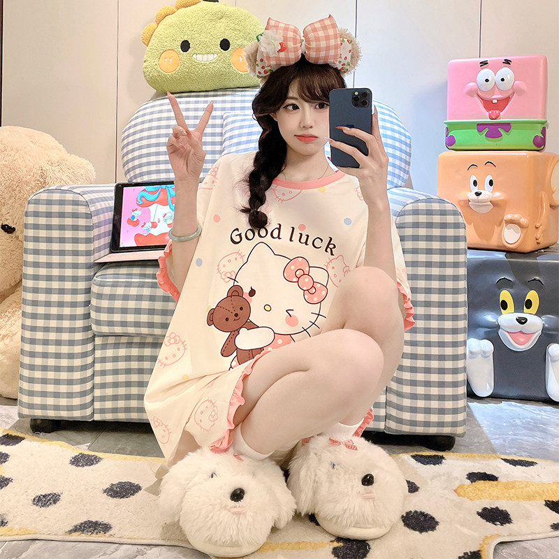 kitty猫睡衣女夏季纯棉ins卡通少女学生短袖短裤家居服套装可外穿